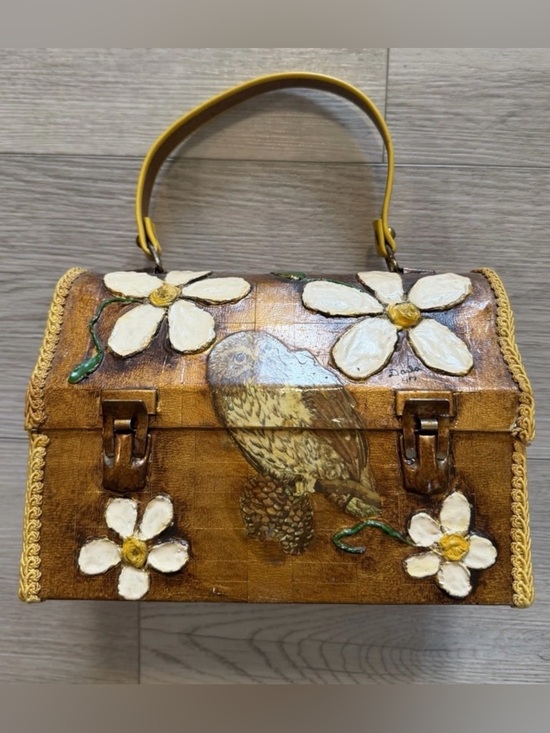 Vintage Handbags - VTG Box Purse Metal Handbag Decoupaged Owl Hand Painted 3D Flowers Yellow Hippie